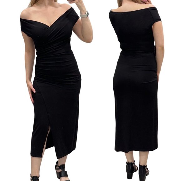 Reformation Cormac Ruched Wrap Style Jersey Midi Dress with Slit in Black Size M - Picture 3 of 16